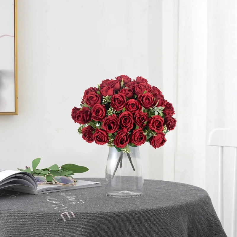 Artificial Flower Ten Head Silk White Rose Bundle Scrapbook Valentine Wedding Outdoor Garden Party Family Room Vase Decoration