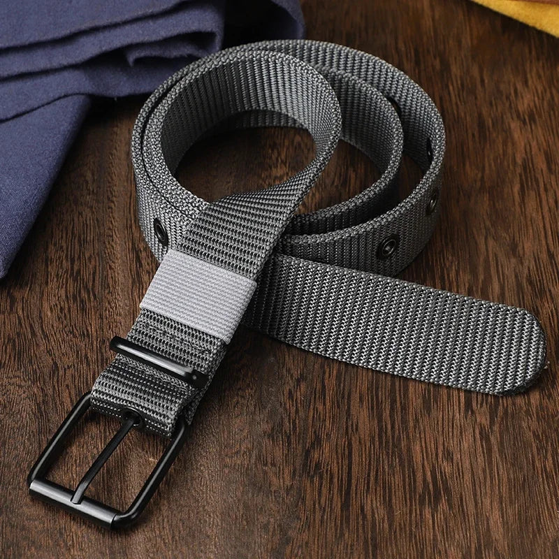 Men's Belt Porous Canvas Pin Buckle Leather Belt Outdoor Sports Belt Women's Trendy Eyelet Belt with Jeans Belt