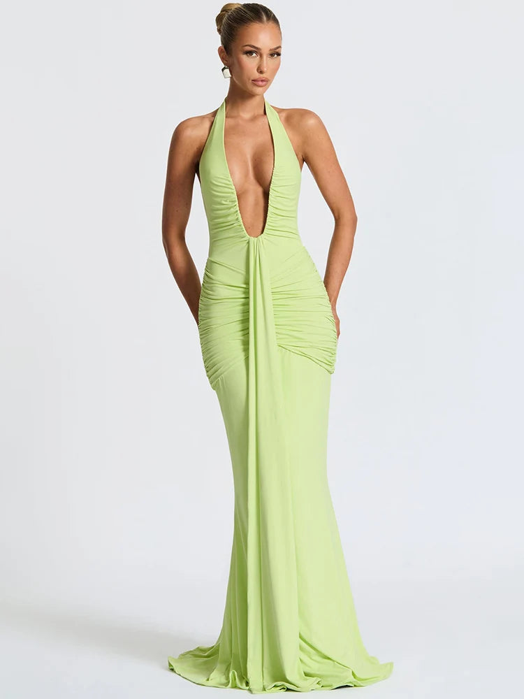 Mozision Deep V Neck Backless Ruched Sexy Maxi Dress Women Gown Summer Halter Sleeveless Draped Club Party Long Dress 2025