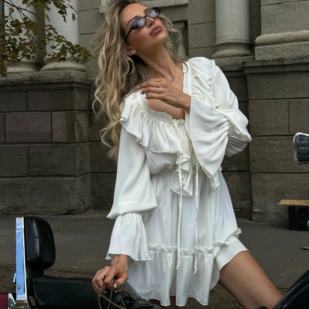 Talenza White Ruffle Bandage Mini Dress Women's Elegant Patchwork Long Sleeve Dress New Slim V Neck Lace Up Summer Mini Dress