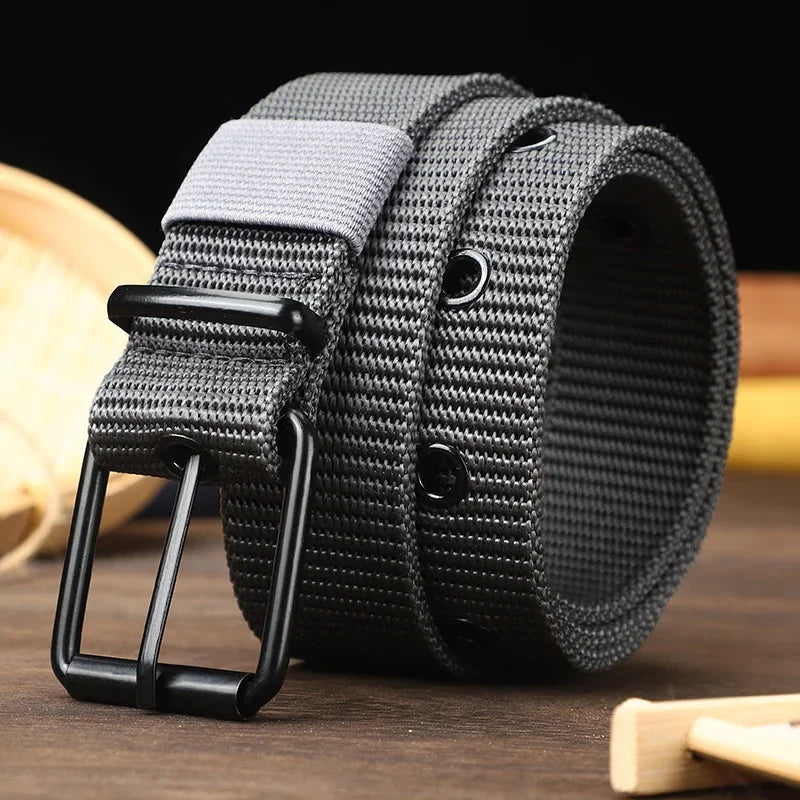 Men's Belt Porous Canvas Pin Buckle Leather Belt Outdoor Sports Belt Women's Trendy Eyelet Belt with Jeans Belt