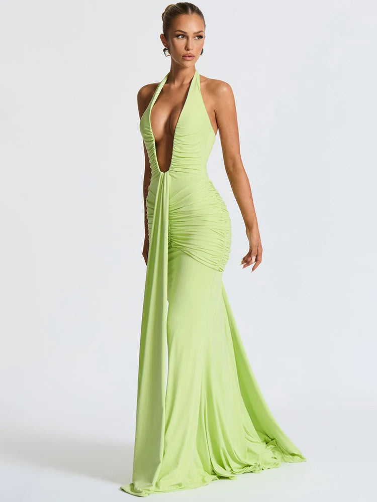 Mozision Deep V Neck Backless Ruched Sexy Maxi Dress Women Gown Summer Halter Sleeveless Draped Club Party Long Dress 2025