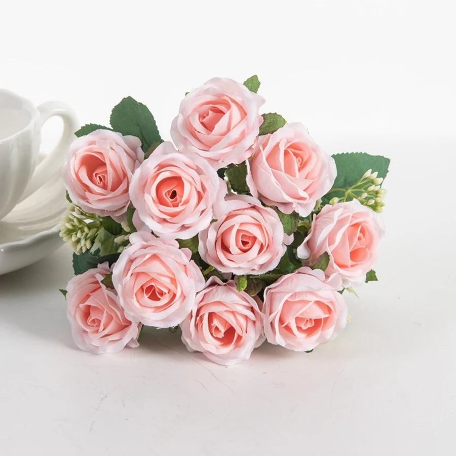 Artificial Flower Ten Head Silk White Rose Bundle Scrapbook Valentine Wedding Outdoor Garden Party Family Room Vase Decoration