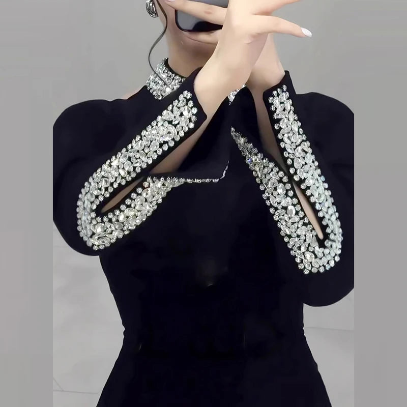 Women's Spring Long Sleeved Slim Banquet Dress Casual Rhinestone Patchwork Dresses Elegant Half High Neck Waist Wrap Hip Dress