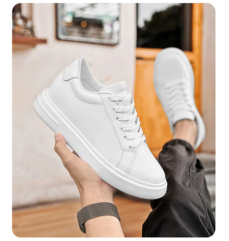 Men's invisible height increasing board shoes leather casual shoes white shoes tie youth white sports shoes