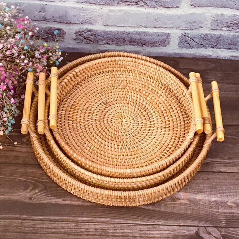 1PC Woven Rattan Storage Basket with Strap Handle round Tray for Bread Snacks Fruits Picnic - Home Organization Basket