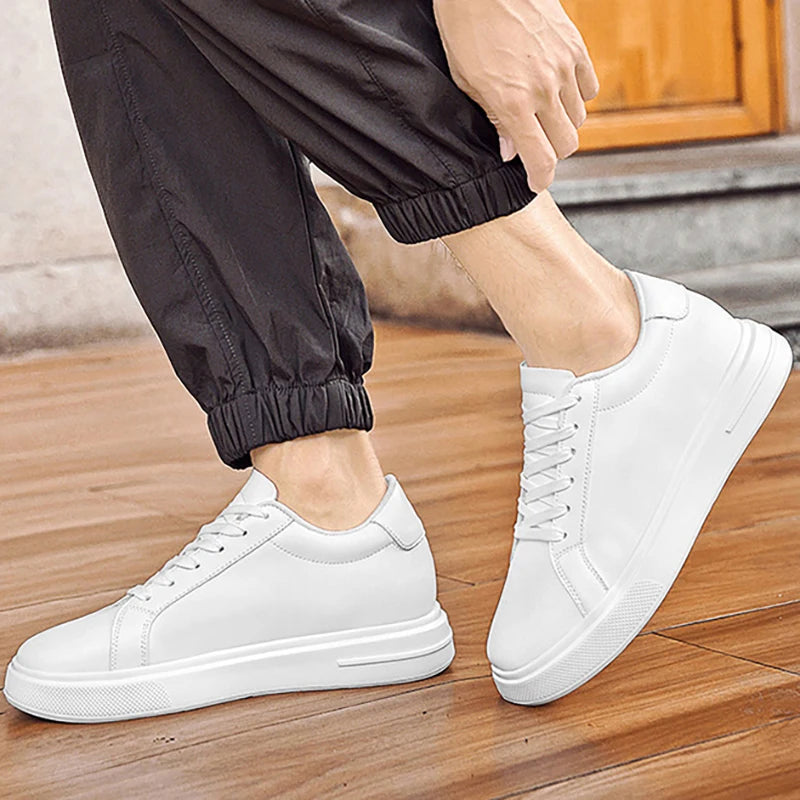 Men's invisible height increasing board shoes leather casual shoes white shoes tie youth white sports shoes