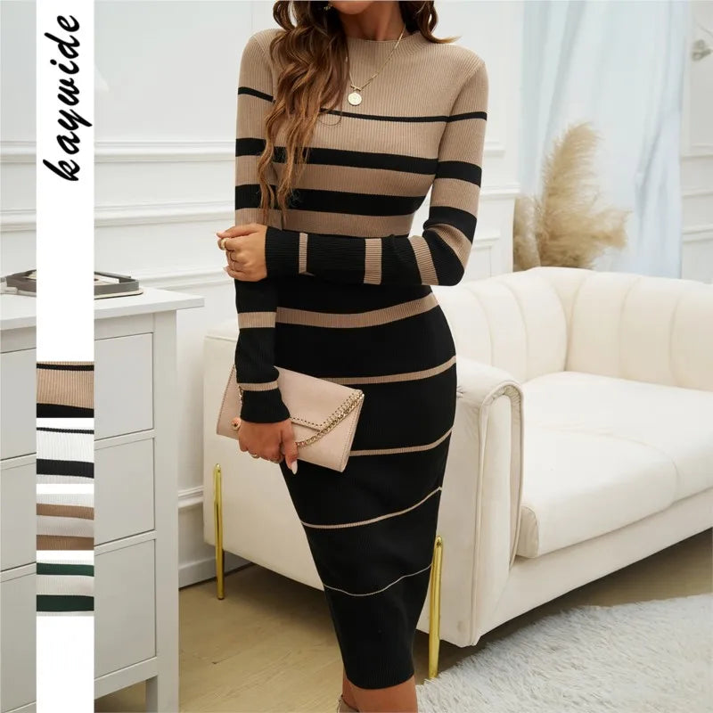 Women Patchwork Streetwear Dress Long Sleeve Knit Office Lady Elegant Dress Striped Bodycon Dress Fall Holiday Vestido