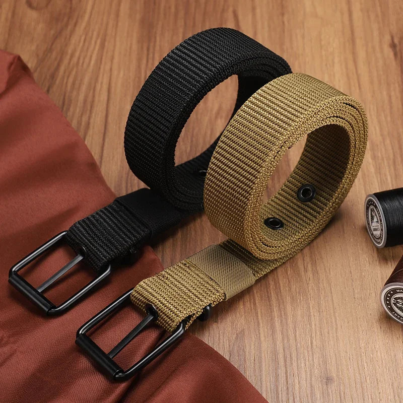 Men's Belt Porous Canvas Pin Buckle Leather Belt Outdoor Sports Belt Women's Trendy Eyelet Belt with Jeans Belt