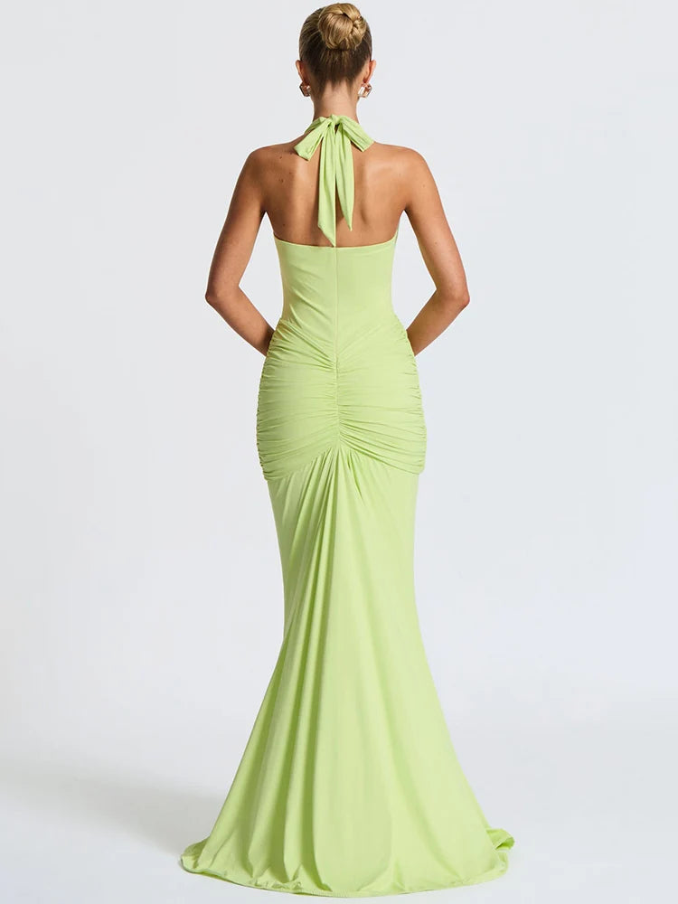 Mozision Deep V Neck Backless Ruched Sexy Maxi Dress Women Gown Summer Halter Sleeveless Draped Club Party Long Dress 2025