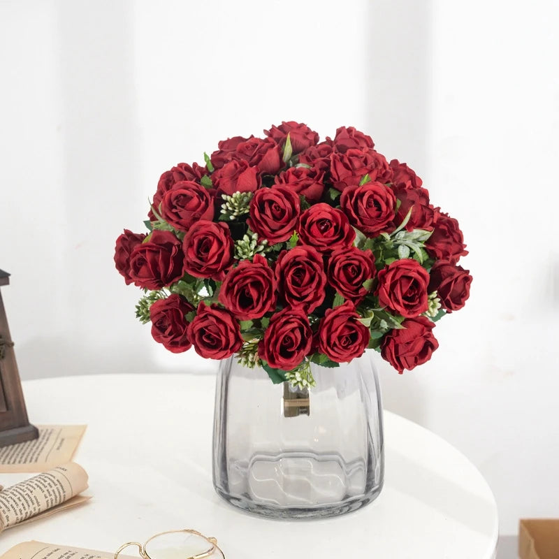 Artificial Flower Ten Head Silk White Rose Bundle Scrapbook Valentine Wedding Outdoor Garden Party Family Room Vase Decoration