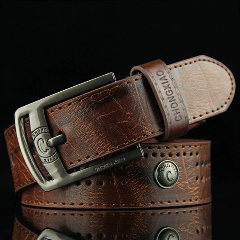 Men's Casual Belt Hollow Rivet Wide PU Leather Belt For New Fashion Strap Male High Quality Jeans Belt Punk Style