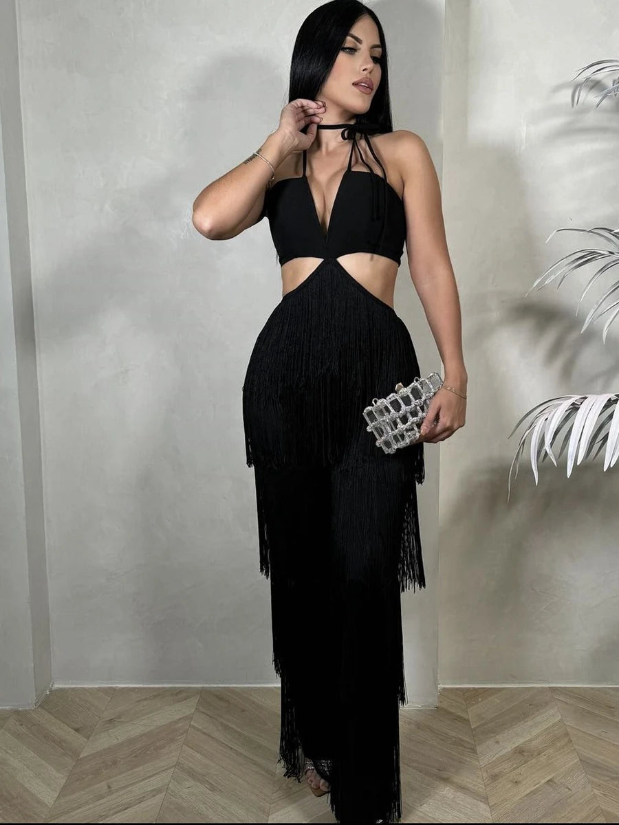 Wowen Sexy Tassel Halter Bandag Jumpsuits Elegant Backless  Sleeveless Slim Long jumpsuit  Fashion  Night Party Vestidos