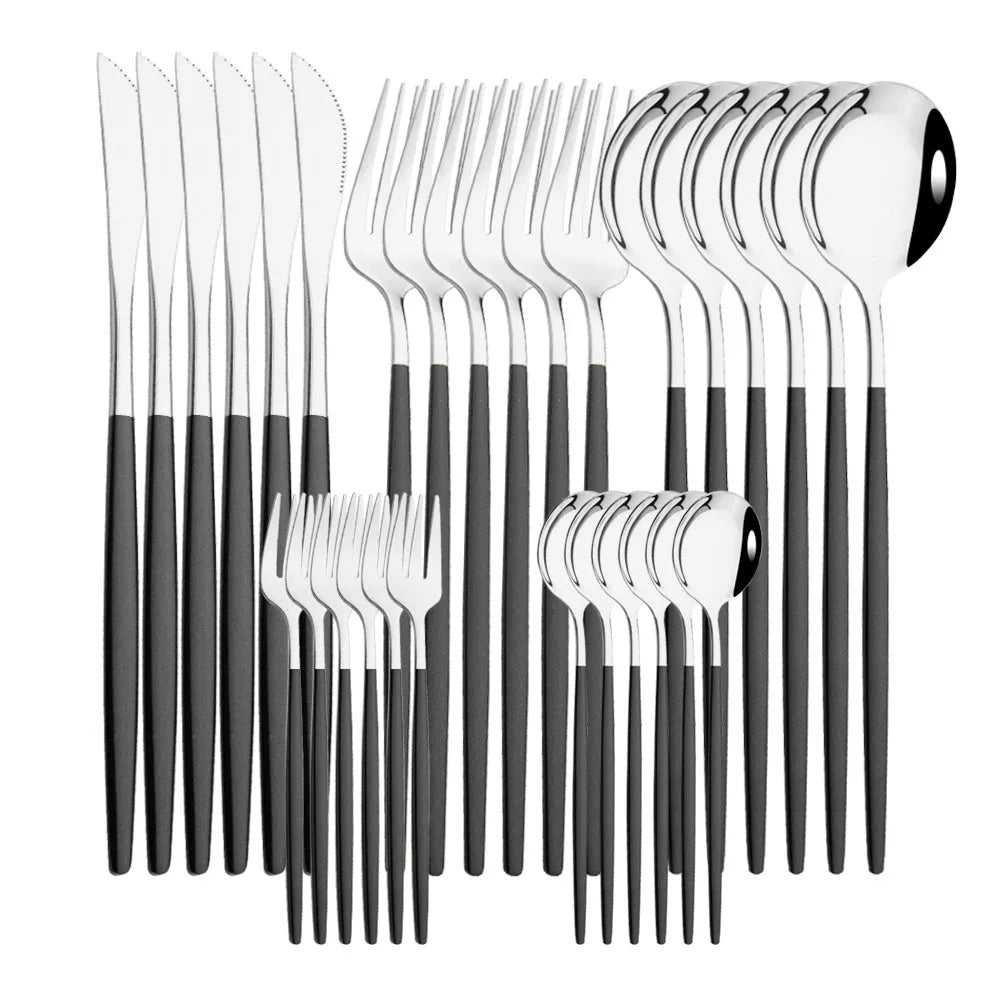 30Pcs/Set Stainless Steel Dinner Black Gold Dinnerware Set Knife Fruit Fork Spoon Cutlery Set Kitchen Tableware Silverware Sets