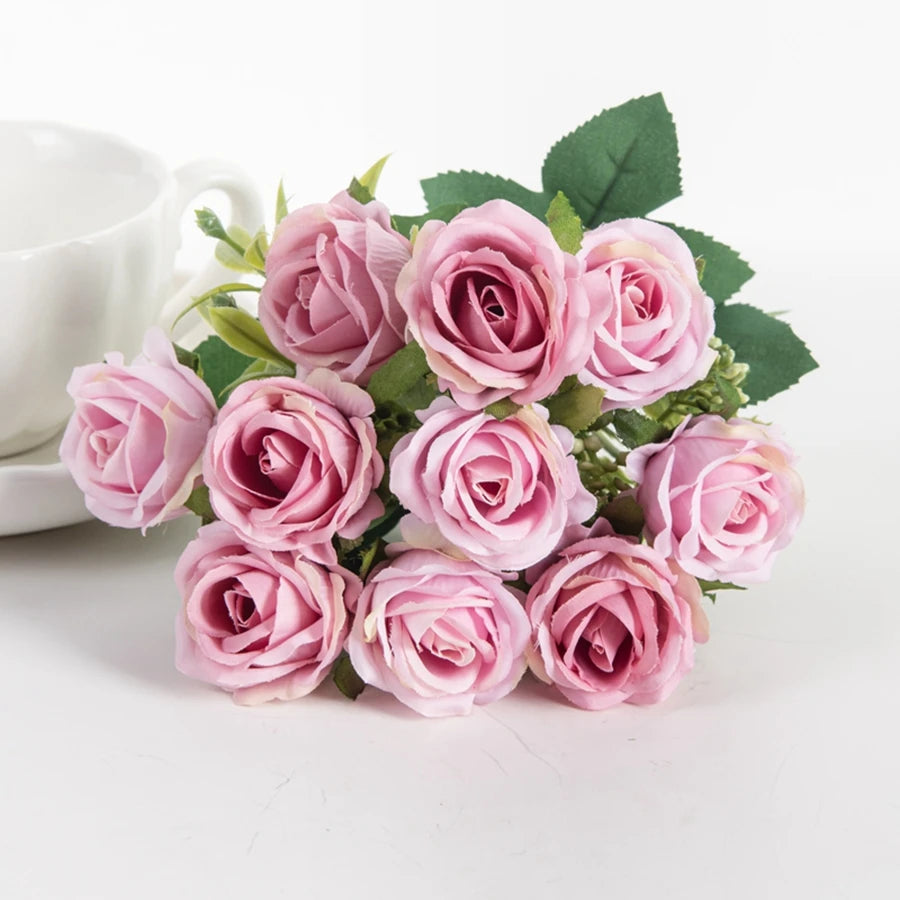 Artificial Flower Ten Head Silk White Rose Bundle Scrapbook Valentine Wedding Outdoor Garden Party Family Room Vase Decoration