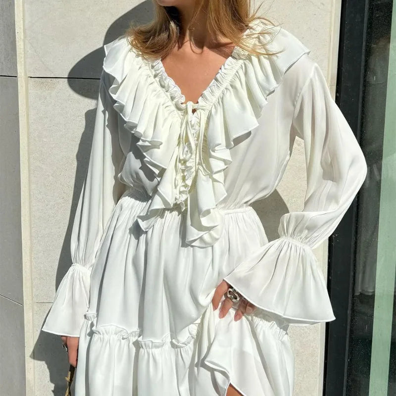 Talenza White Ruffle Bandage Mini Dress Women's Elegant Patchwork Long Sleeve Dress New Slim V Neck Lace Up Summer Mini Dress