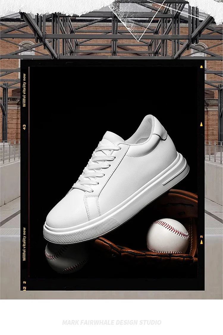 Men's invisible height increasing board shoes leather casual shoes white shoes tie youth white sports shoes