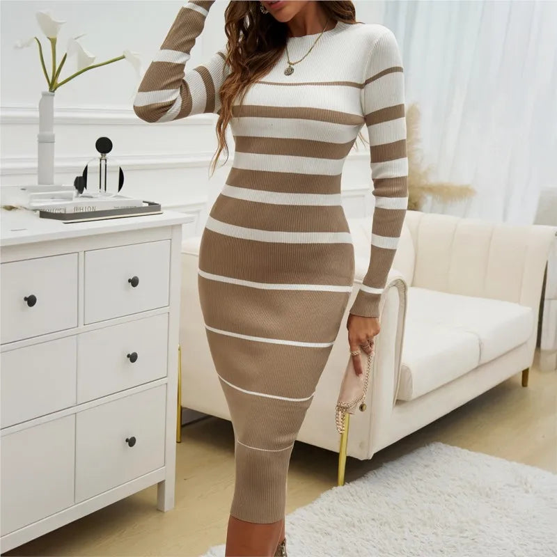Women Patchwork Streetwear Dress Long Sleeve Knit Office Lady Elegant Dress Striped Bodycon Dress Fall Holiday Vestido