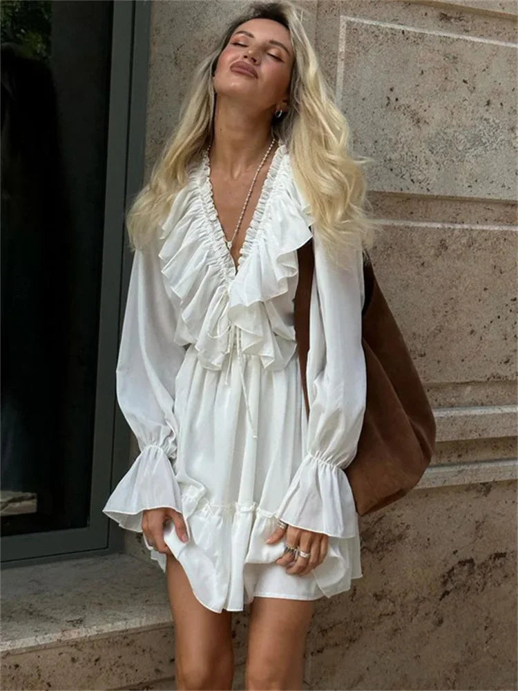 Talenza White Ruffle Bandage Mini Dress Women's Elegant Patchwork Long Sleeve Dress New Slim V Neck Lace Up Summer Mini Dress