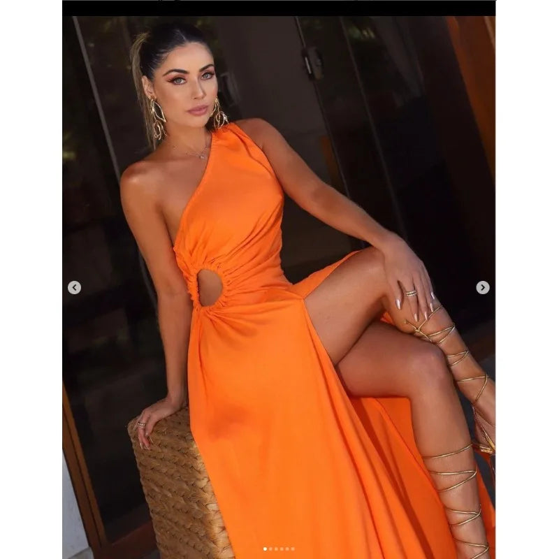 Hollow Out Dress Solid Color High Waist Split Y2K Party Dress Women Sleeveless Fashion One Shoulder Long Maxi Dress