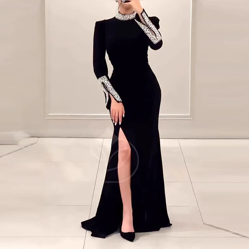 Women's Spring Long Sleeved Slim Banquet Dress Casual Rhinestone Patchwork Dresses Elegant Half High Neck Waist Wrap Hip Dress