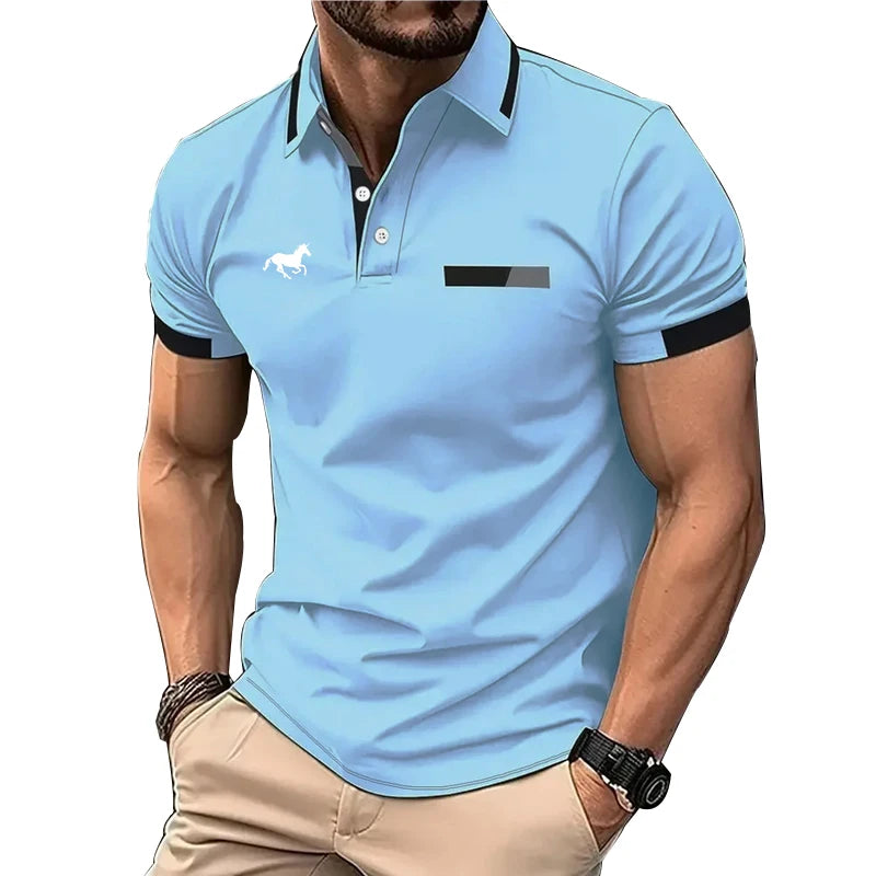 100% Polyester Men Summer Short Sleeve Fashion Lapel Business Casual Polo Shirt Men Slim Pure Color Golf Polo Shirt Tops .