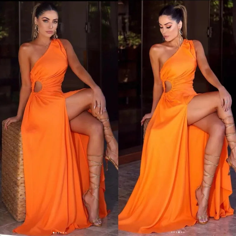 Hollow Out Dress Solid Color High Waist Split Y2K Party Dress Women Sleeveless Fashion One Shoulder Long Maxi Dress