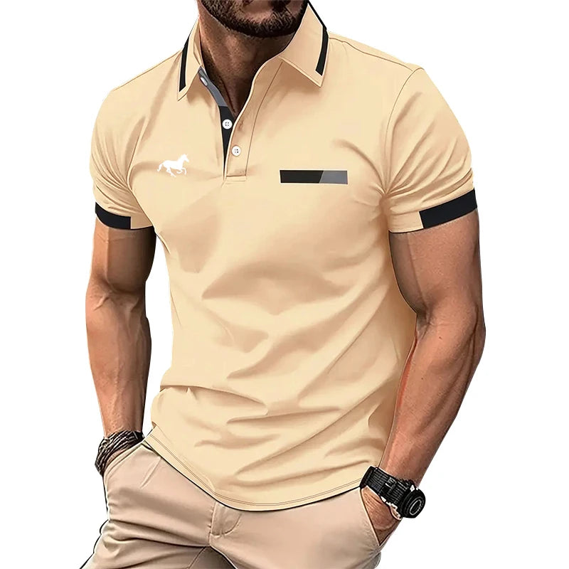 100% Polyester Men Summer Short Sleeve Fashion Lapel Business Casual Polo Shirt Men Slim Pure Color Golf Polo Shirt Tops .