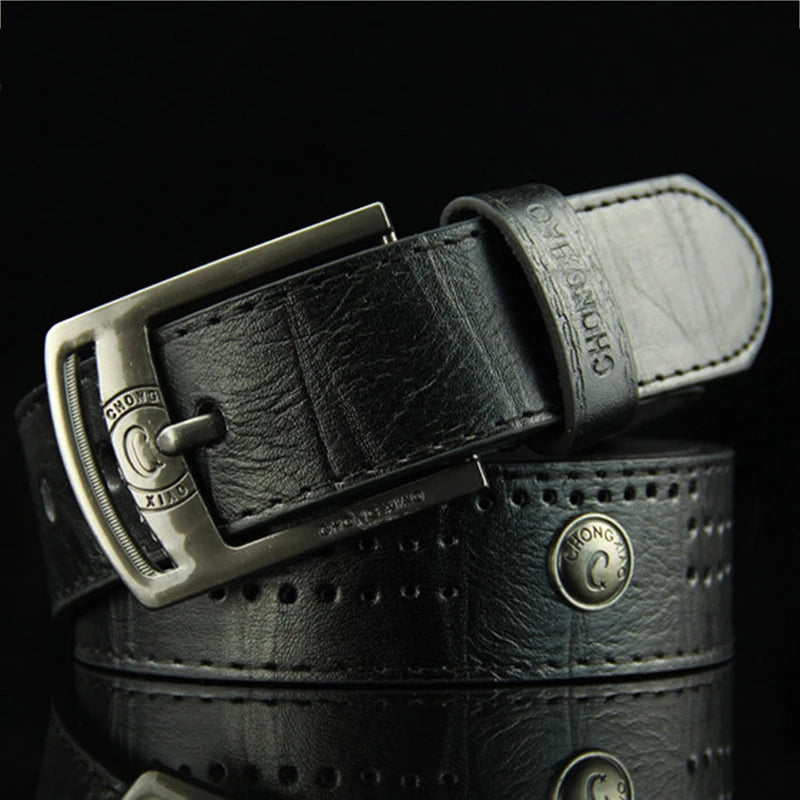 Men's Casual Belt Hollow Rivet Wide PU Leather Belt For New Fashion Strap Male High Quality Jeans Belt Punk Style
