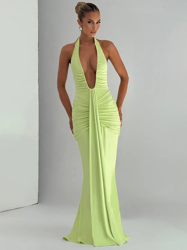 Mozision Deep V Neck Backless Ruched Sexy Maxi Dress Women Gown Summer Halter Sleeveless Draped Club Party Long Dress 2025