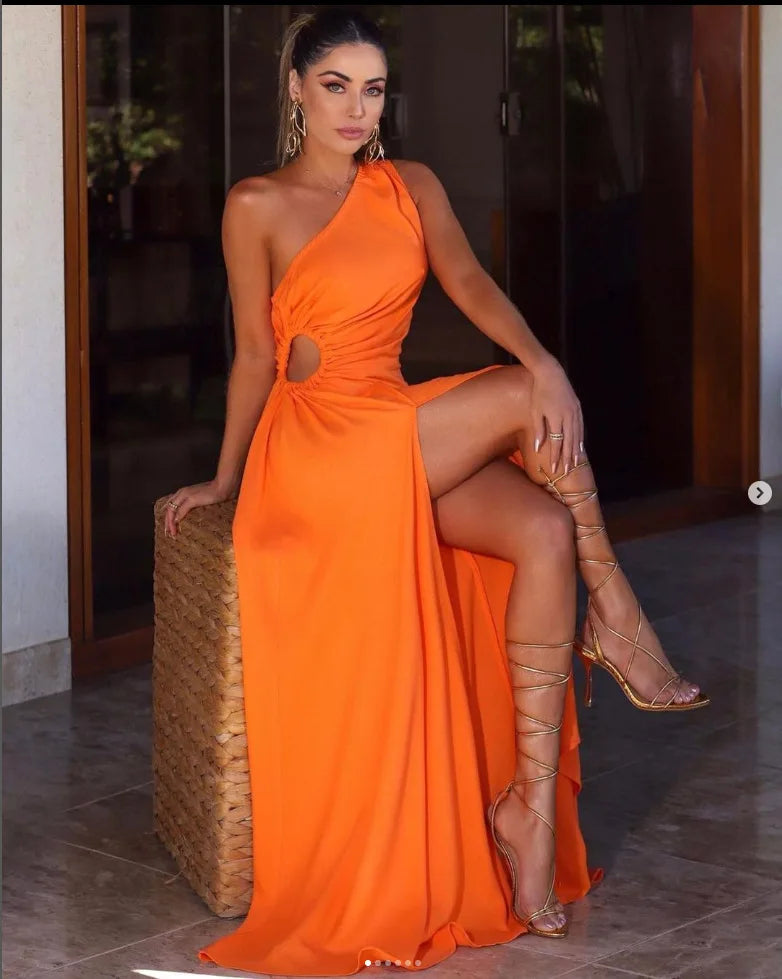 Hollow Out Dress Solid Color High Waist Split Y2K Party Dress Women Sleeveless Fashion One Shoulder Long Maxi Dress