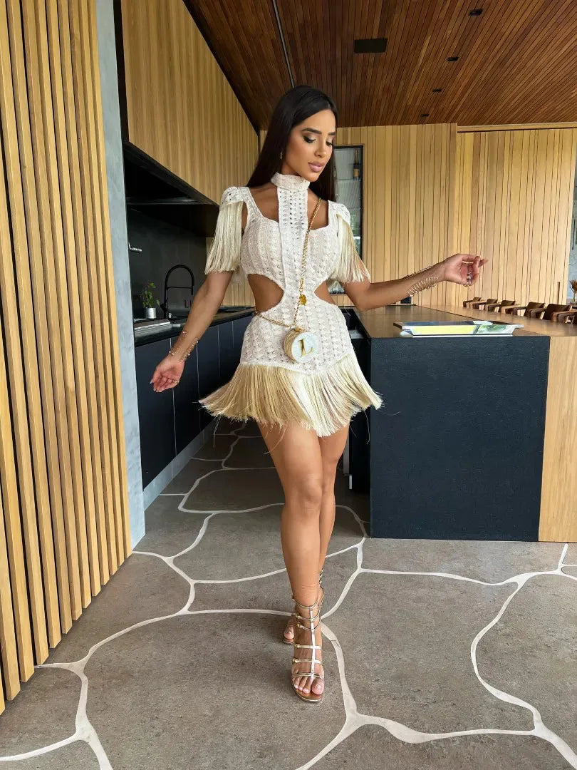 Sexy White Lace Women Dress Turtleneck Tassel Sleeve Slim Naked Waist Hollow Out Long Dress Summer Beach Female Knit Robe