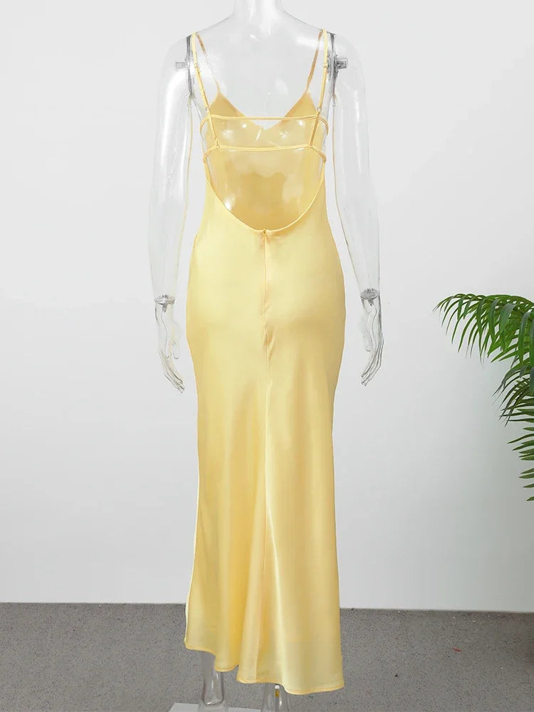 Sexy Yellow Satin Backless Maxi Dress Women Elegant Sleeveless V Neck Sling Long Robes New 2025 Lady Evening Party Slim Fit Gown
