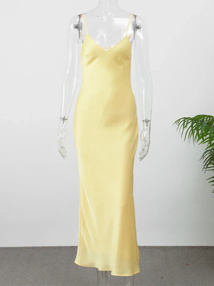 Sexy Yellow Satin Backless Maxi Dress Women Elegant Sleeveless V Neck Sling Long Robes New 2025 Lady Evening Party Slim Fit Gown