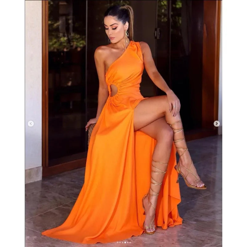 Hollow Out Dress Solid Color High Waist Split Y2K Party Dress Women Sleeveless Fashion One Shoulder Long Maxi Dress