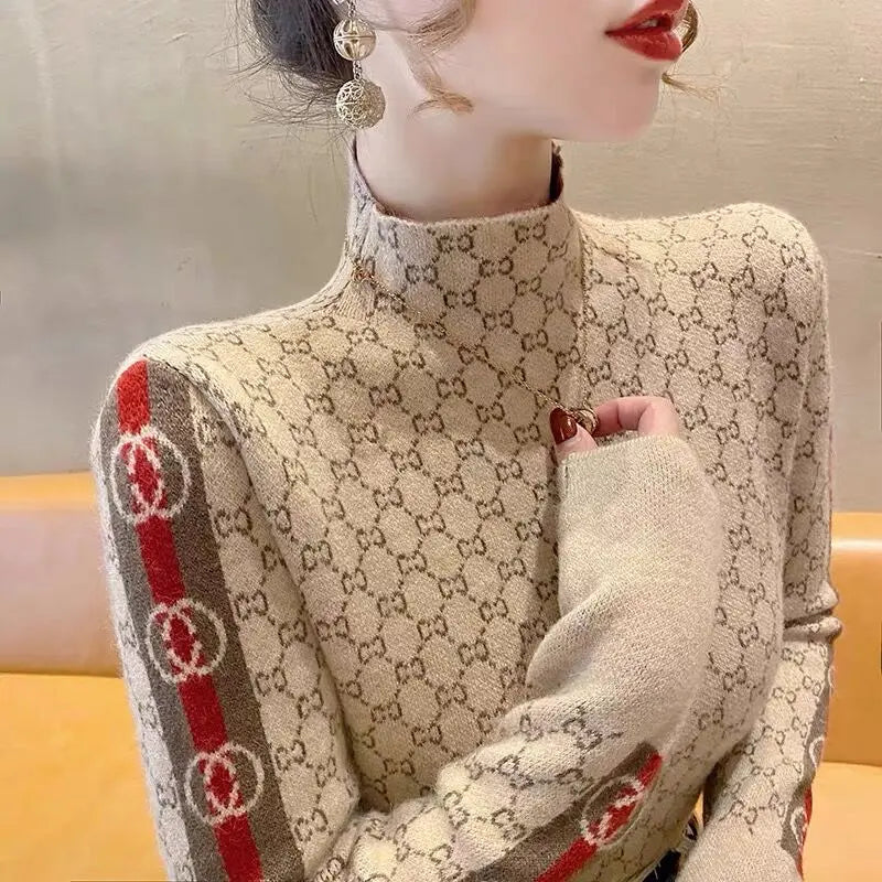 Women's Clothing Elegant Fashion Letter Knit Pullover Autumn All-match Slim Long Sleeve Half High Collar Pullovers Lady Chic Top