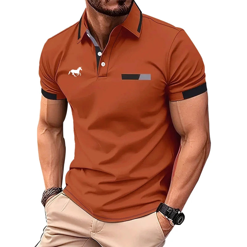 100% Polyester Men Summer Short Sleeve Fashion Lapel Business Casual Polo Shirt Men Slim Pure Color Golf Polo Shirt Tops .