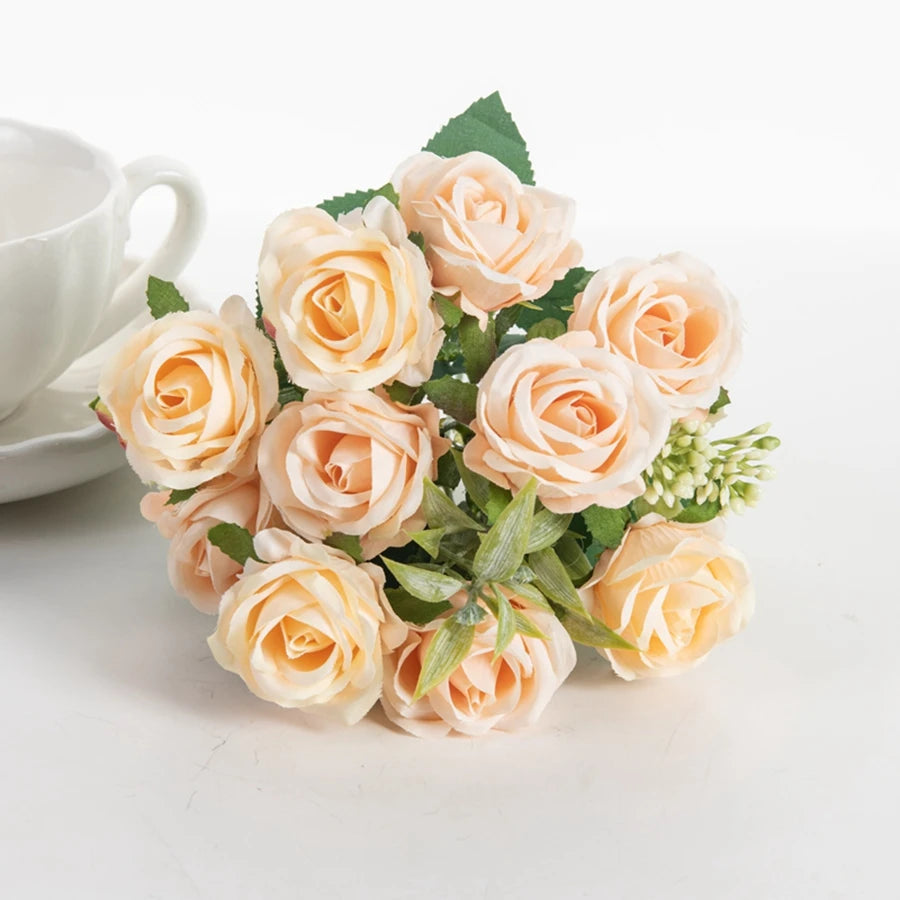 Artificial Flower Ten Head Silk White Rose Bundle Scrapbook Valentine Wedding Outdoor Garden Party Family Room Vase Decoration