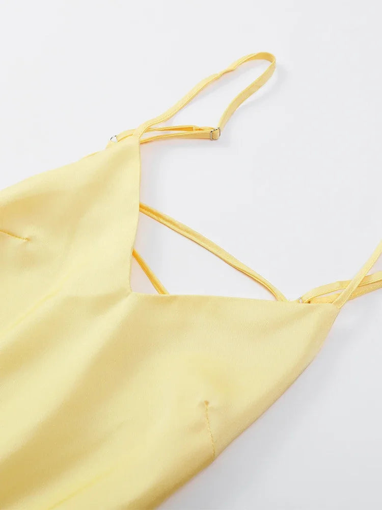 Sexy Yellow Satin Backless Maxi Dress Women Elegant Sleeveless V Neck Sling Long Robes New 2025 Lady Evening Party Slim Fit Gown
