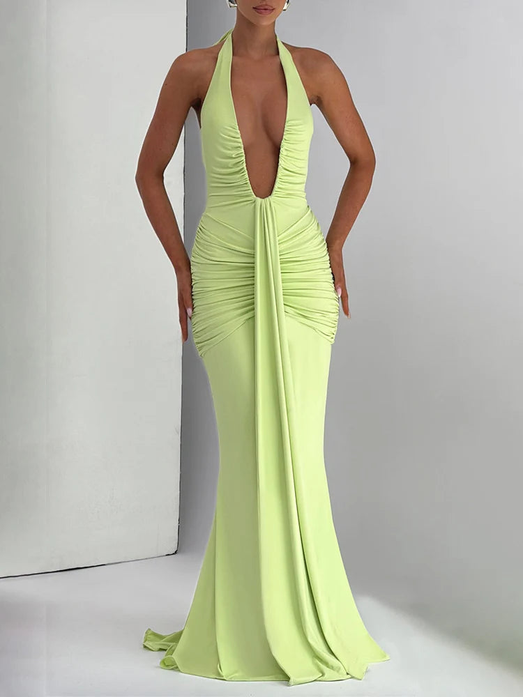 Mozision Deep V Neck Backless Ruched Sexy Maxi Dress Women Gown Summer Halter Sleeveless Draped Club Party Long Dress 2025