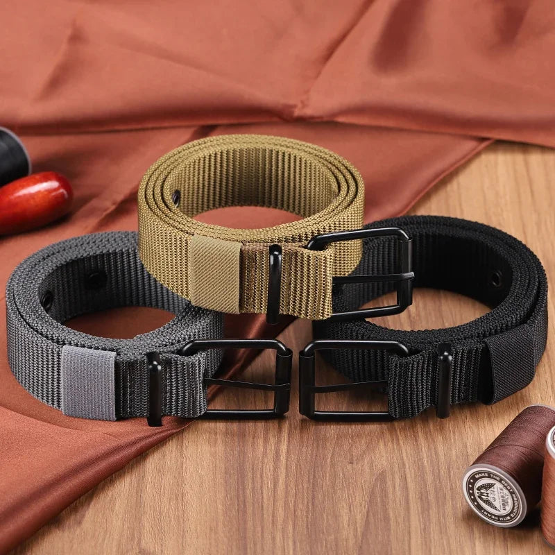 Men's Belt Porous Canvas Pin Buckle Leather Belt Outdoor Sports Belt Women's Trendy Eyelet Belt with Jeans Belt