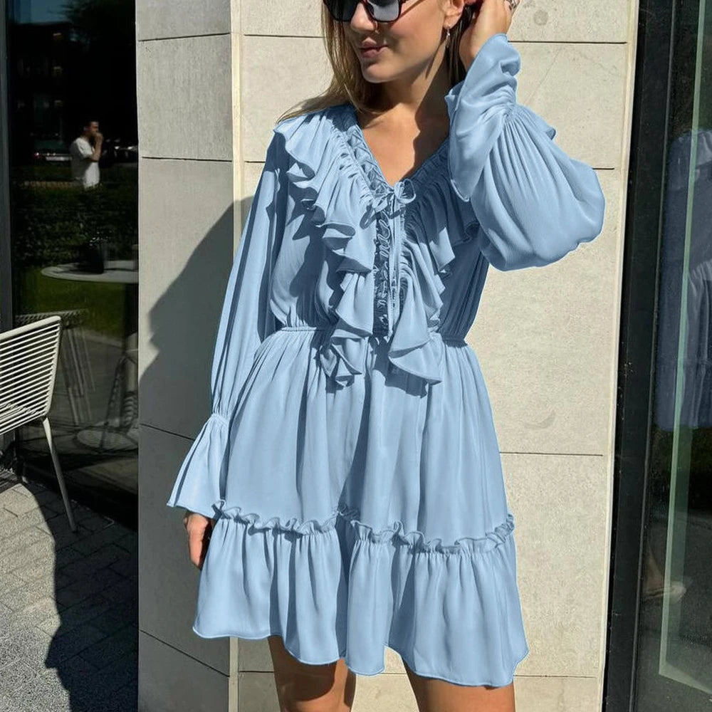 Talenza White Ruffle Bandage Mini Dress Women's Elegant Patchwork Long Sleeve Dress New Slim V Neck Lace Up Summer Mini Dress