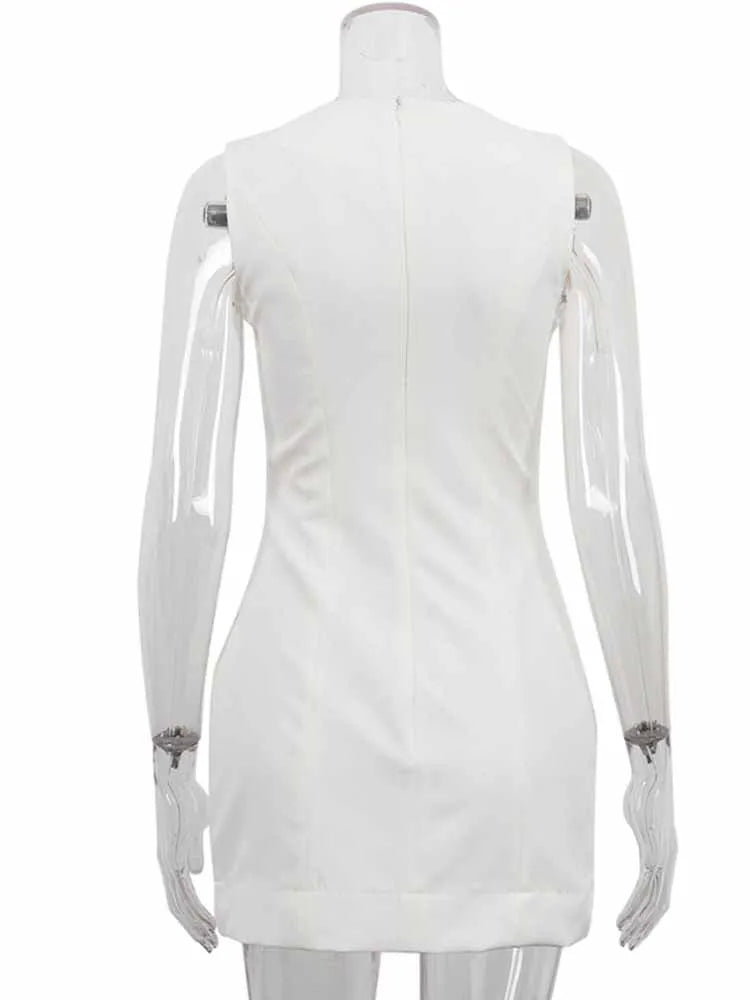 MCDV Elegant O-Neck Sleeveless Mini Dress Women's Metal Button Decoration High Waist Slim Tank Dress Casual Party Daily Vestidos