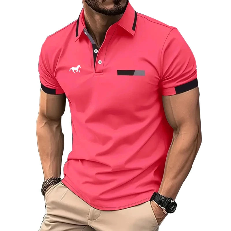 100% Polyester Men Summer Short Sleeve Fashion Lapel Business Casual Polo Shirt Men Slim Pure Color Golf Polo Shirt Tops .