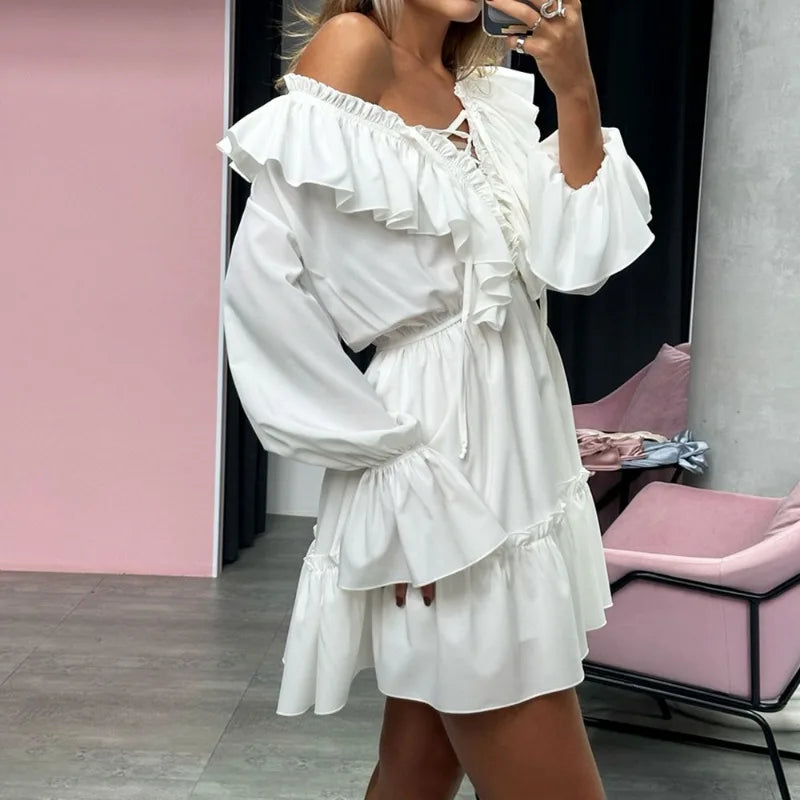 Talenza White Ruffle Bandage Mini Dress Women's Elegant Patchwork Long Sleeve Dress New Slim V Neck Lace Up Summer Mini Dress