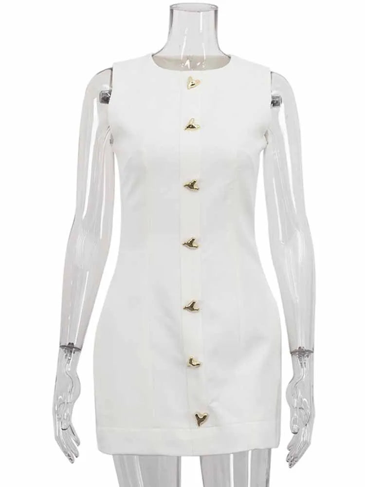 MCDV Elegant O-Neck Sleeveless Mini Dress Women's Metal Button Decoration High Waist Slim Tank Dress Casual Party Daily Vestidos