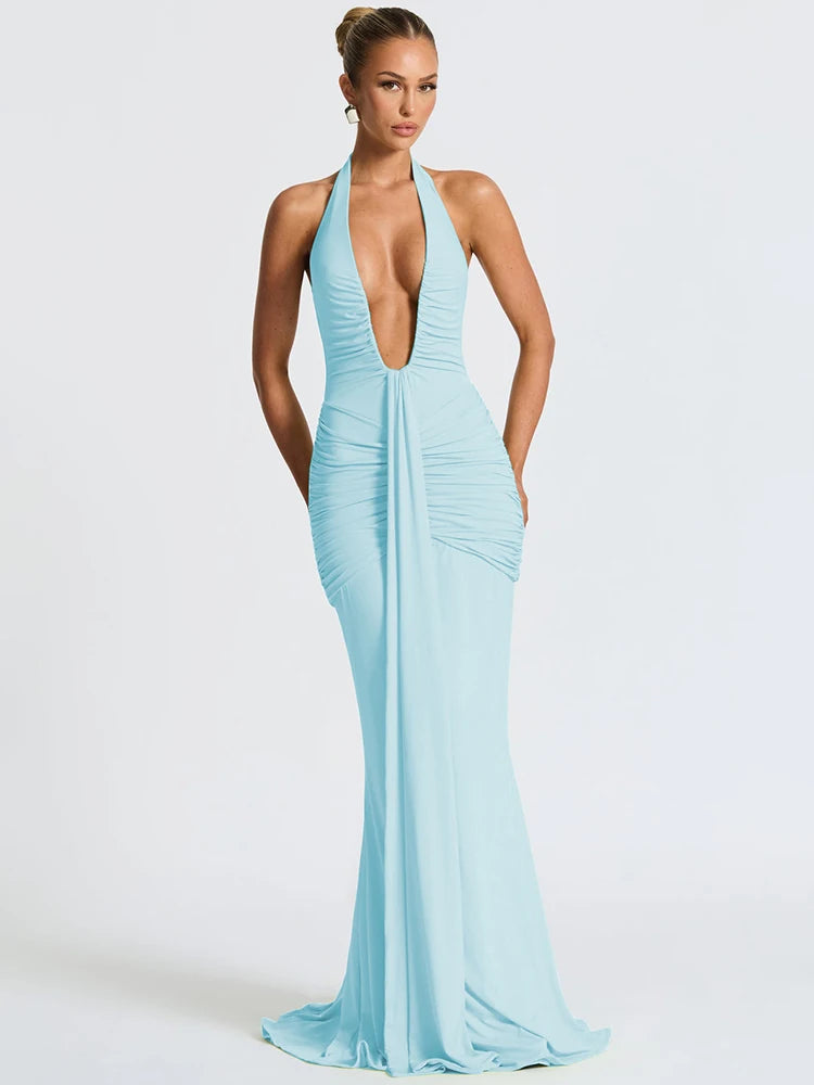 Mozision Deep V Neck Backless Ruched Sexy Maxi Dress Women Gown Summer Halter Sleeveless Draped Club Party Long Dress 2025