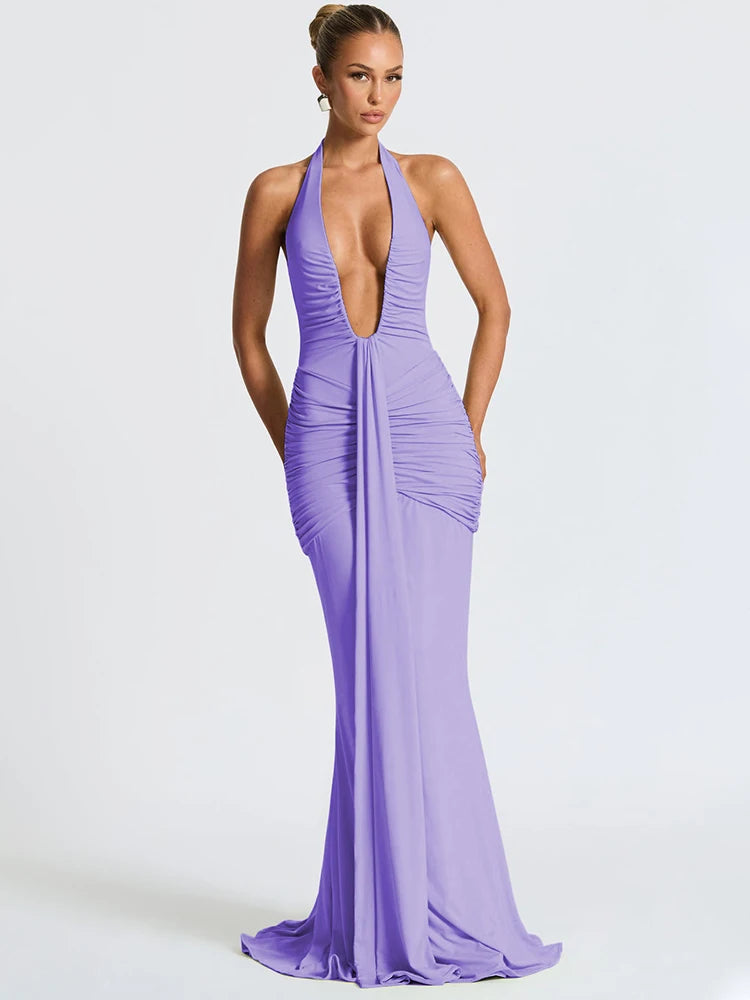 Mozision Deep V Neck Backless Ruched Sexy Maxi Dress Women Gown Summer Halter Sleeveless Draped Club Party Long Dress 2025
