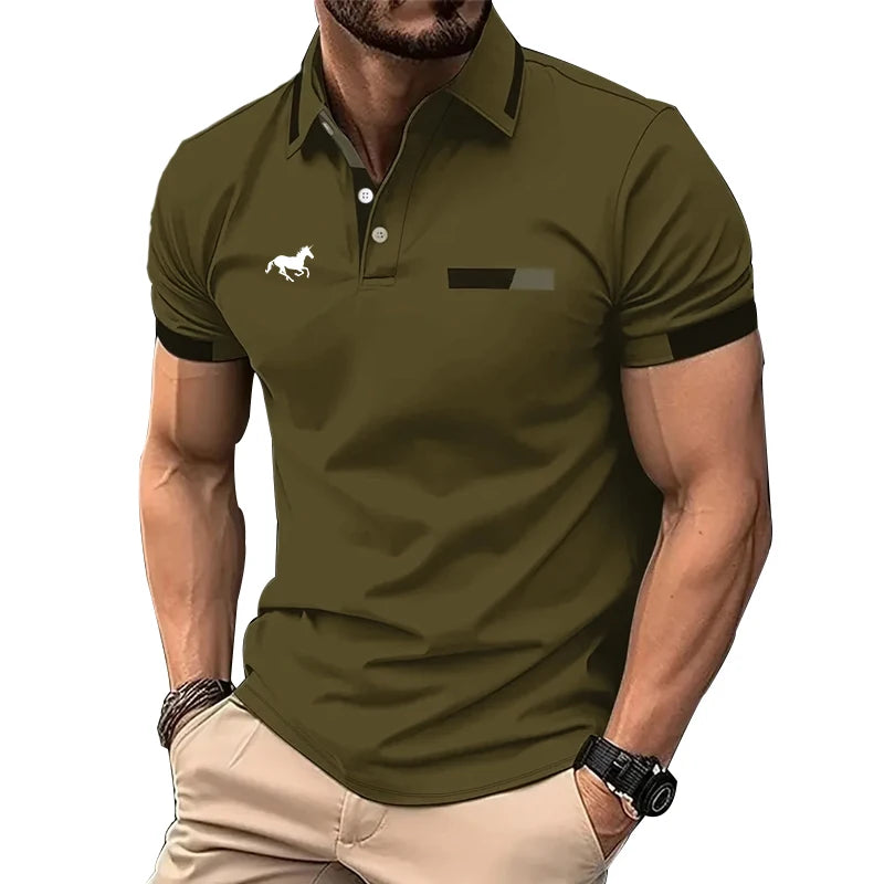 100% Polyester Men Summer Short Sleeve Fashion Lapel Business Casual Polo Shirt Men Slim Pure Color Golf Polo Shirt Tops .